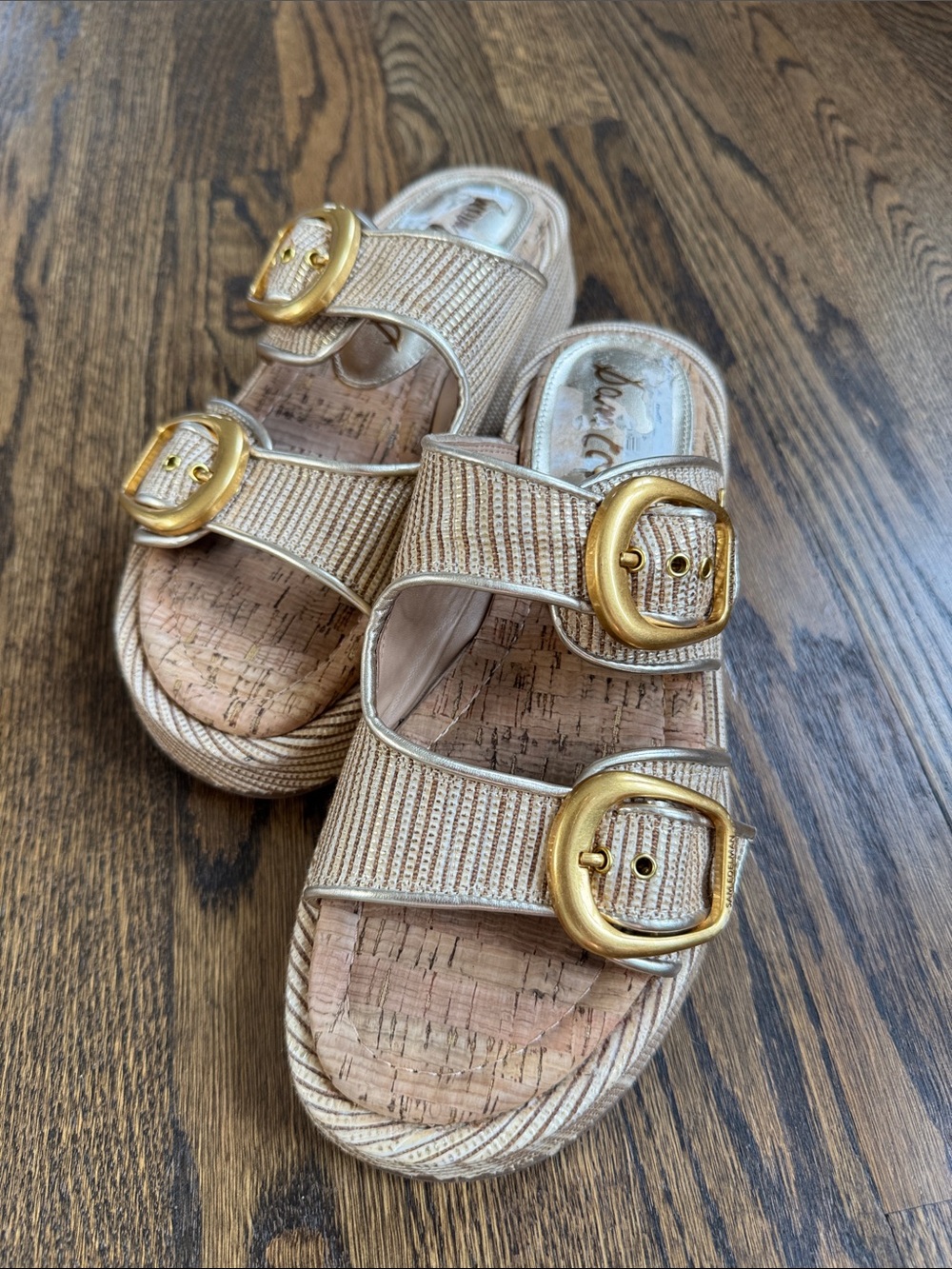 Sam Edelman Beige Raffia Slide Sandals with Gold Buckles